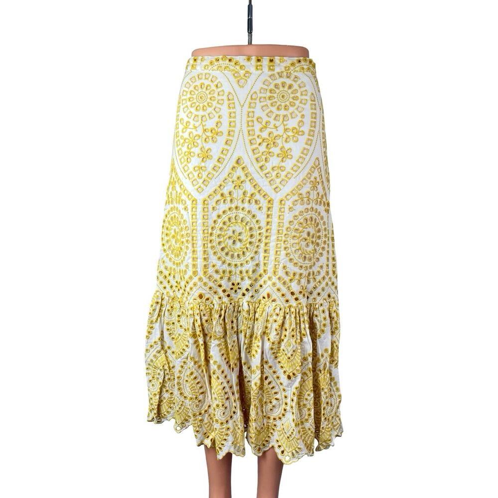 Minkpink Krista Women's Yellow Eyelet Embroidery Ruffled Midi A-Line Skirt Sz S
